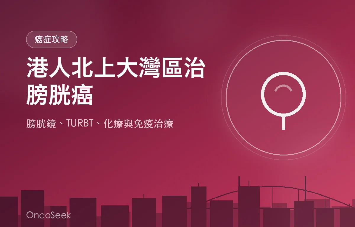 港人北上大灣區治療膀胱癌的資訊圖，包含城市剪影與醫療十字元素
