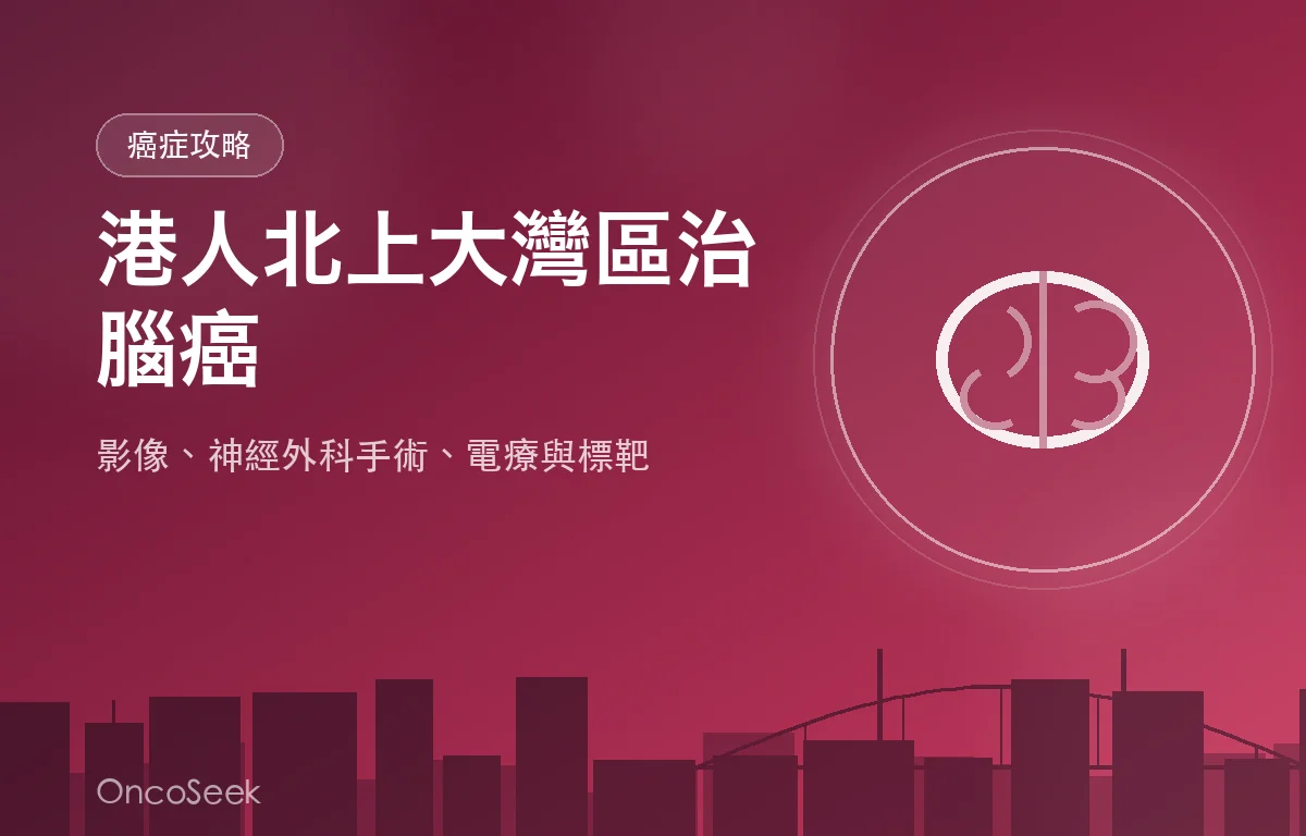 港人北上大灣區治療腦癌的資訊圖，包含腦部掃描與醫療十字元素