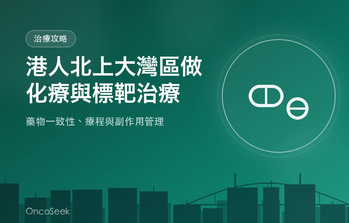 港人北上大灣區接受化療與標靶治療的示意圖，包含靜脈輸液、藥物與城市剪影元素