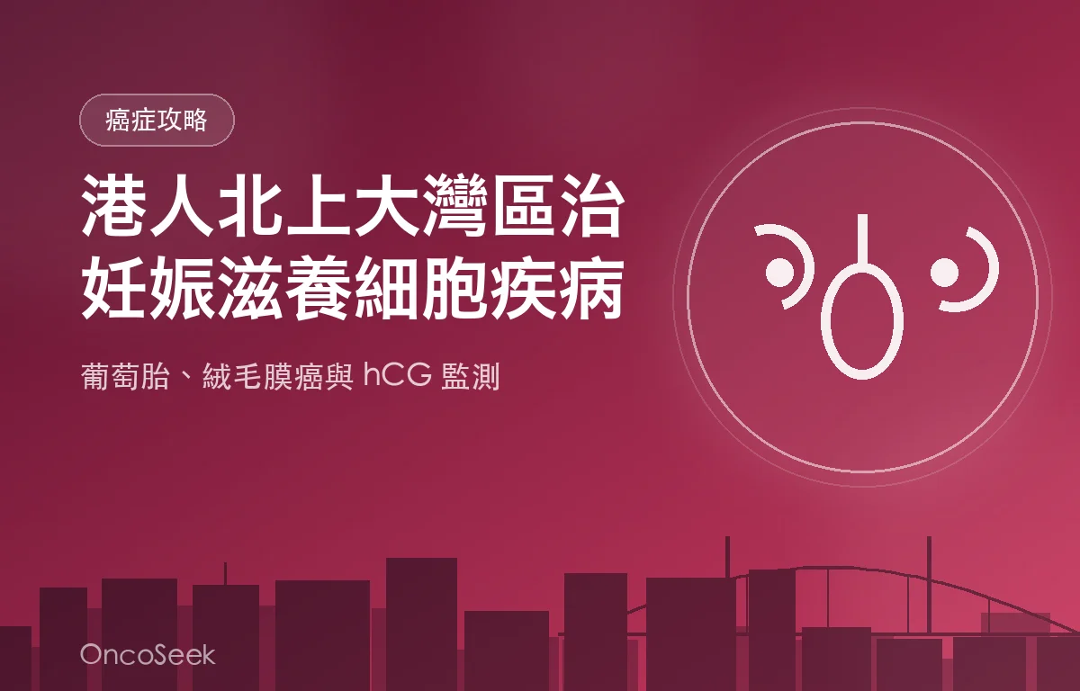 港人北上大灣區治療妊娠滋養細胞疾病的資訊圖，包含城市剪影與醫療十字元素