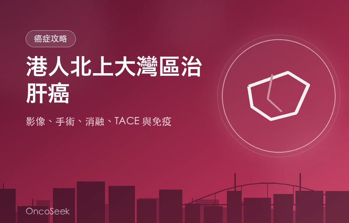港人北上大灣區治療肝癌的資訊圖，包含城市剪影與醫療十字元素