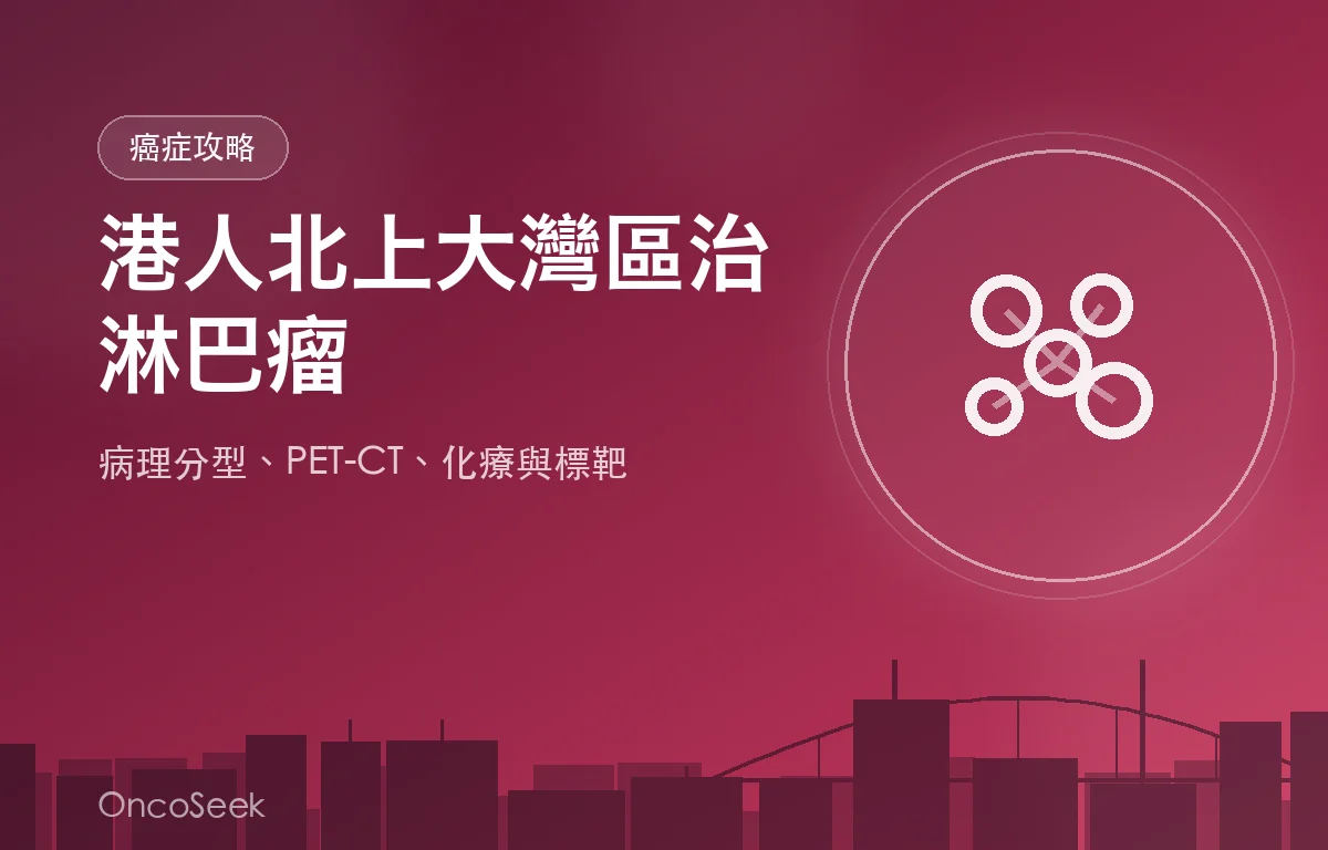港人北上大灣區治療淋巴瘤的資訊圖，包含城市剪影與醫療十字元素