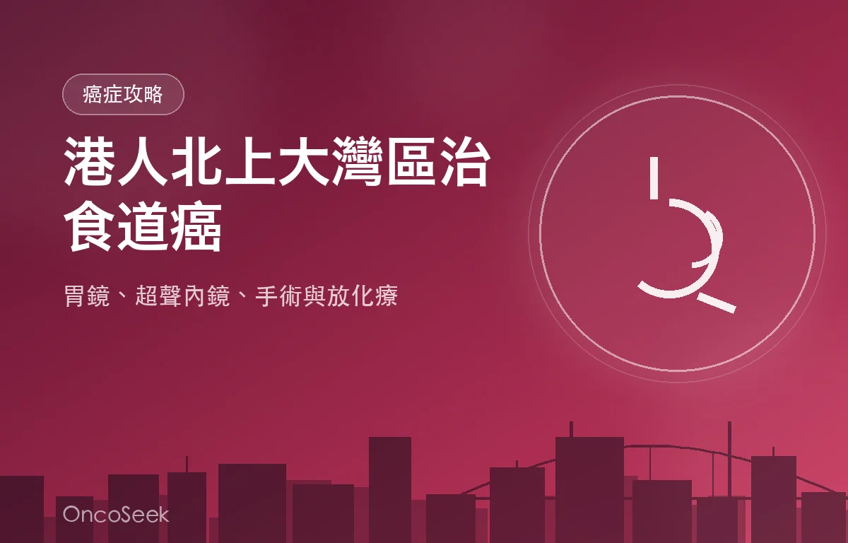 港人北上大灣區治療食道癌的資訊圖，包含城市剪影與醫療十字元素