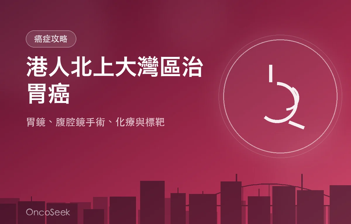 港人北上大灣區治療胃癌的資訊圖，包含城市剪影與醫療十字元素